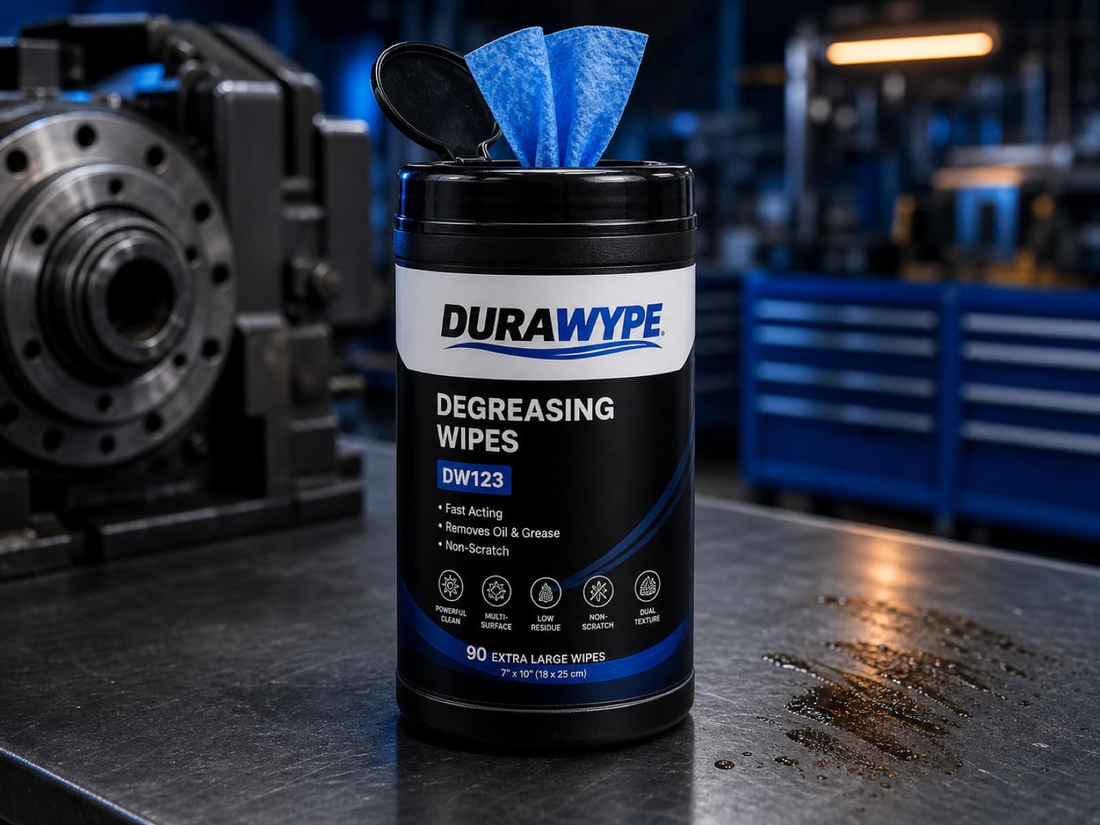 DURAWYPE DW123 Grease Removal Wipes — extra-strong degreasing canister