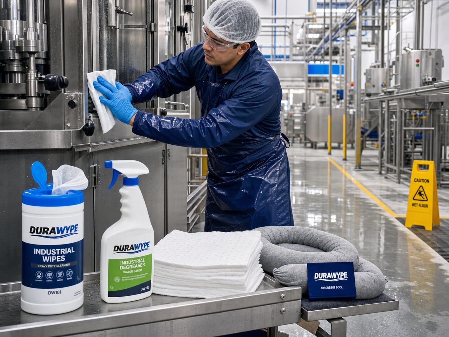 DURAWYPE wipes and degreaser cleaning stainless equipment in a food & beverage plant
