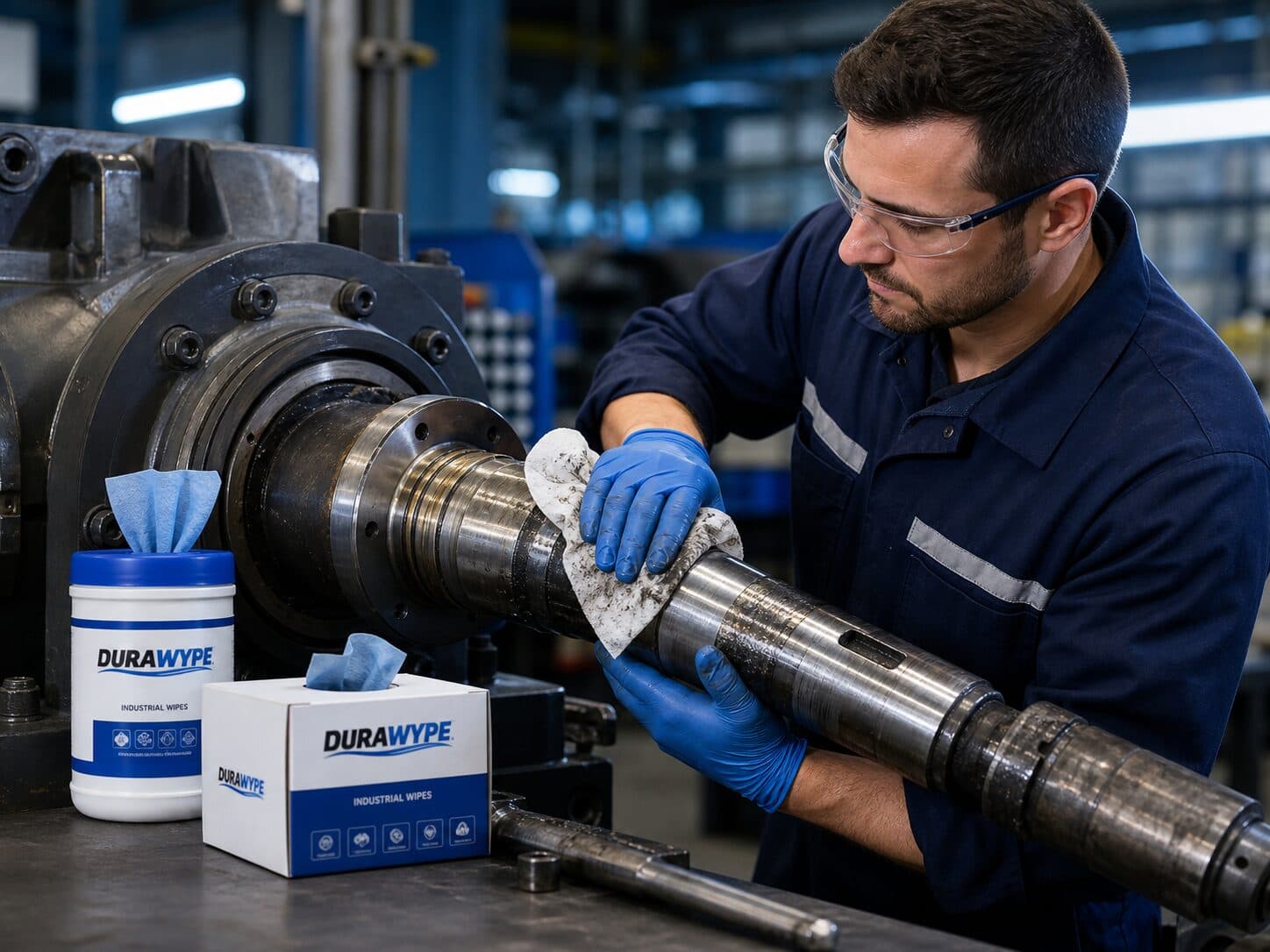A machinist wiping down a precision shaft with DURAWYPE industrial wipes