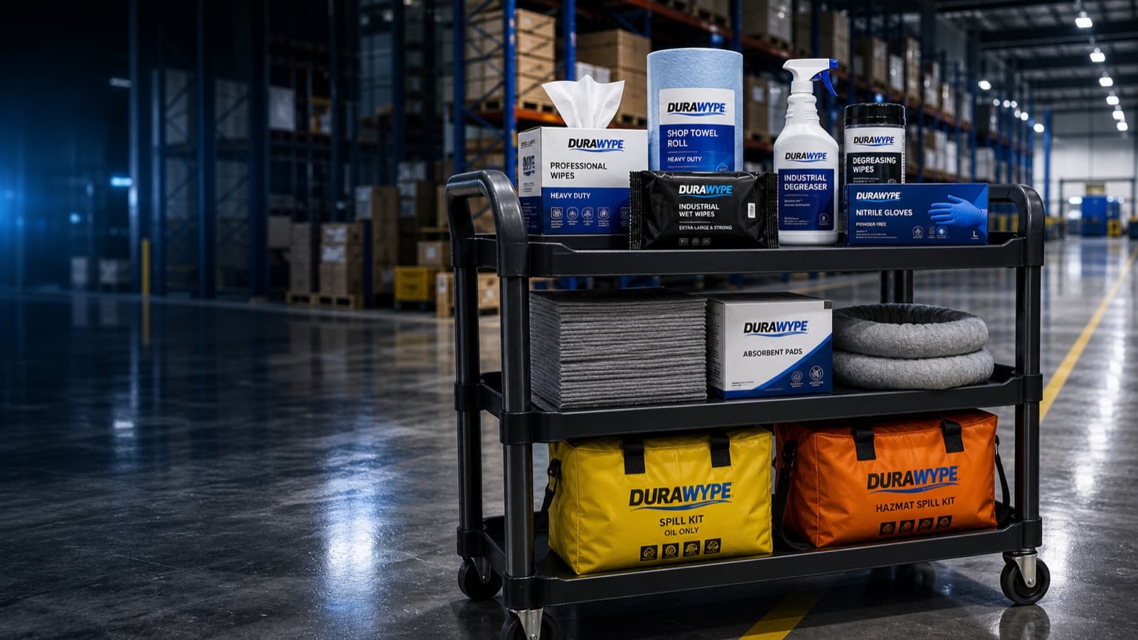 A DURAWYPE MRO supply cart fully stocked across a warehouse aisle