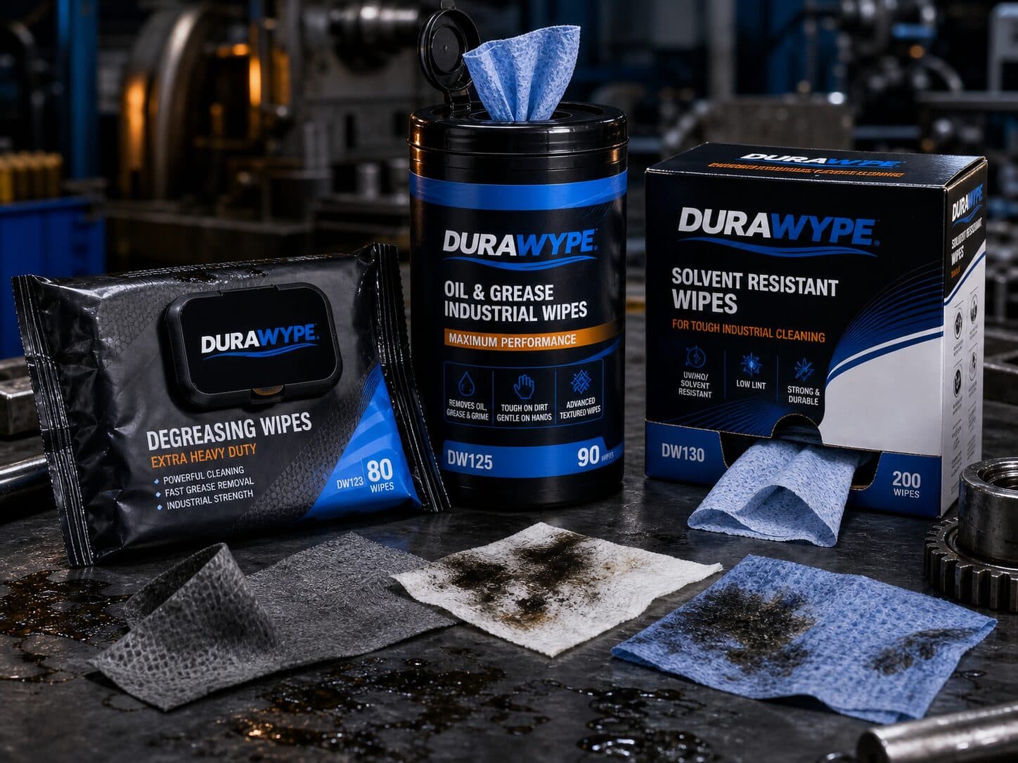 DURAWYPE oil, grease and solvent wipes lifting grime from parts in an automotive workshop